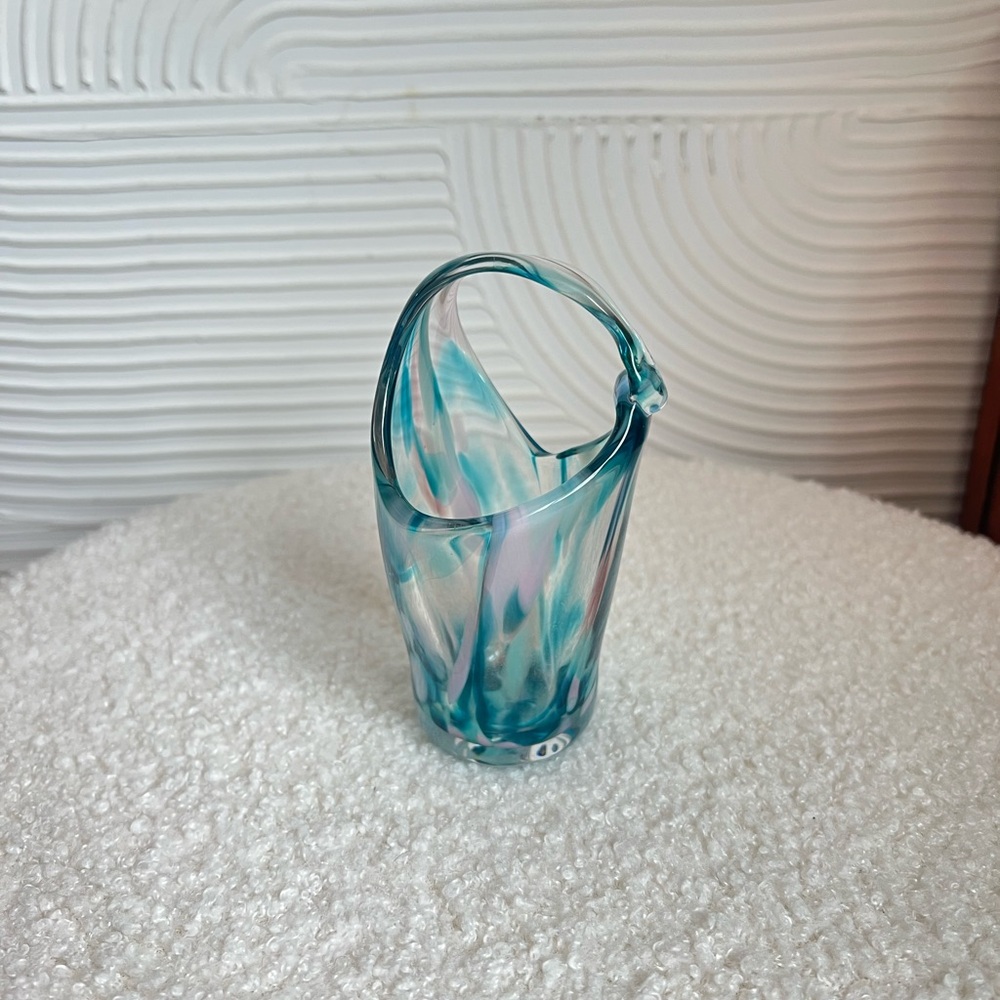 Vintage Handblown Teal and White Art Glass Vase - Decorative Home Accent